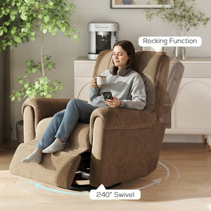 Electric reclining chair, upholstered in fabric, with USB ports, swivel and rocking function, and footrest.