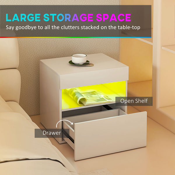 Bedside table with LED lighting, drawer and open shelf