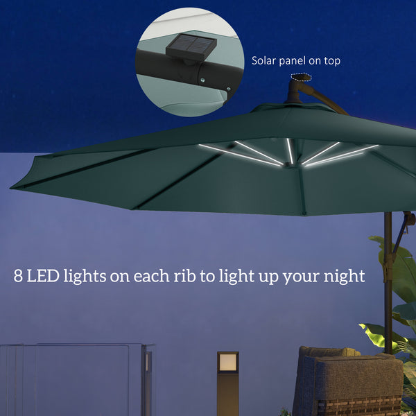 10-foot cantilever parasol with solar LED lighting, green