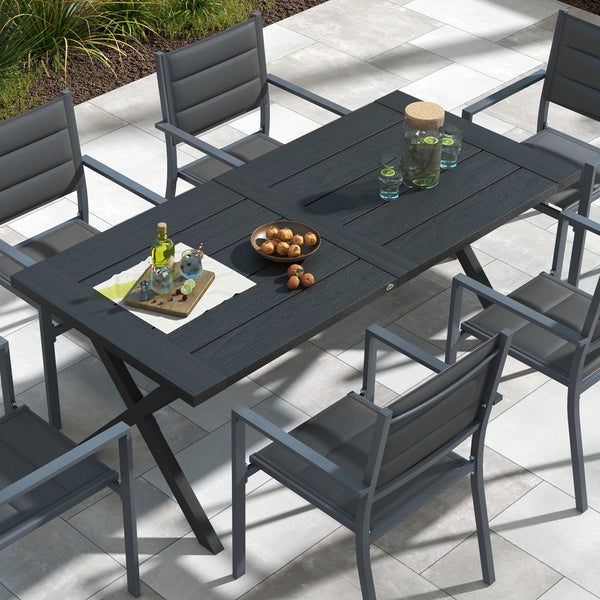 Dining table with X-shaped legs, aluminum frame, black