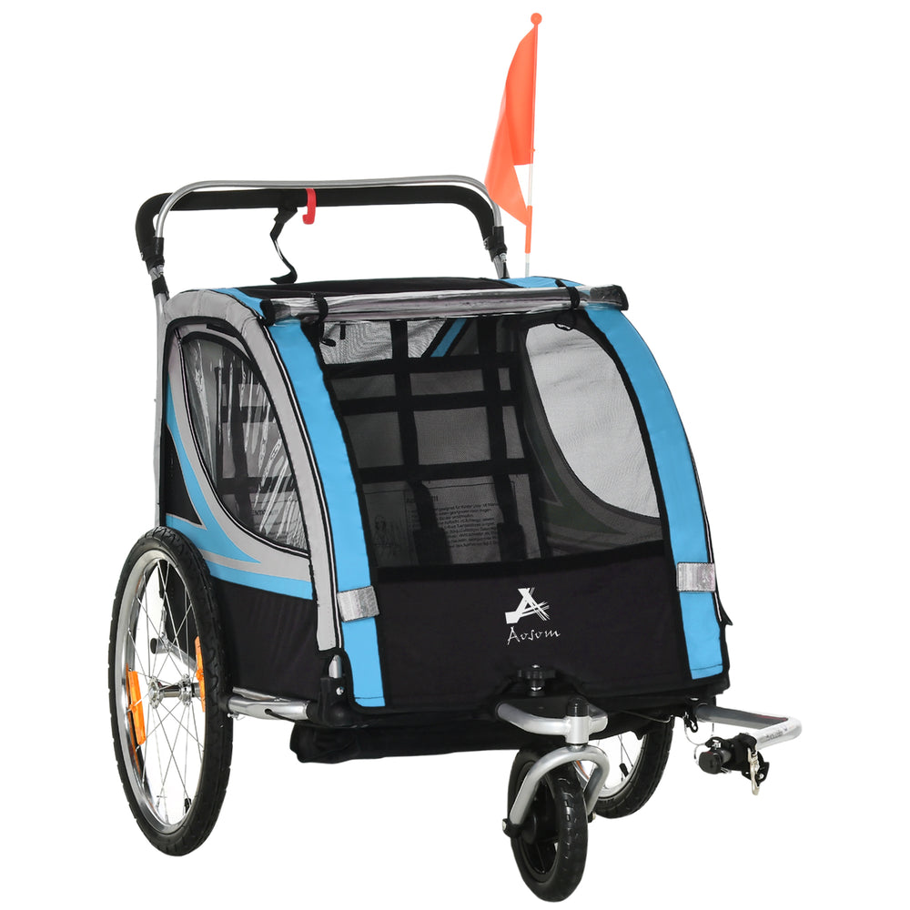 2-seater bicycle trailer with handbrake, 5-point harness, blue