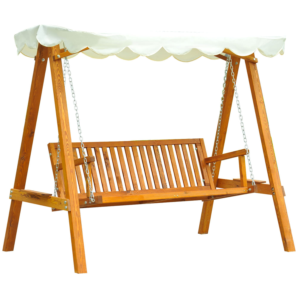 Swing seat with canopy, wooden outdoor bench for garden, natural wood