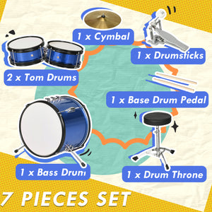 7-piece children's drum set with seat, cymbal, pedal and drumsticks, blue