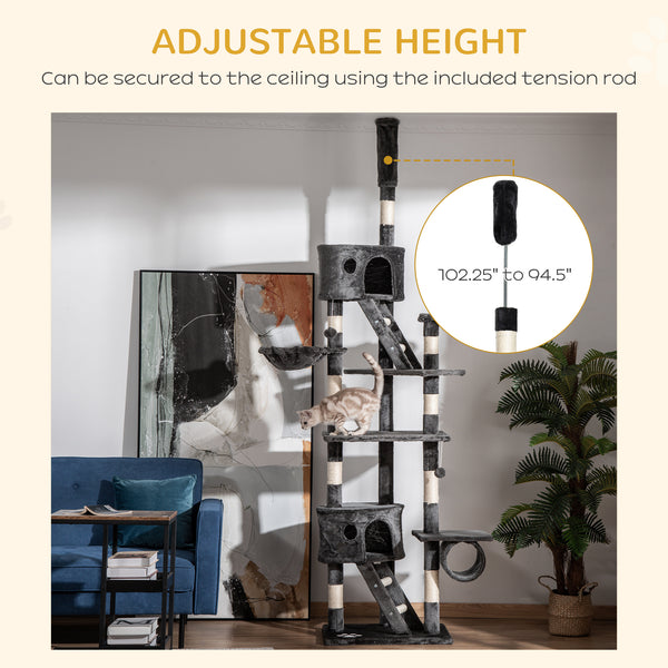 Adjustable cat tree from 240 to 250 cm, ceiling height, scratching post, activity center, gray