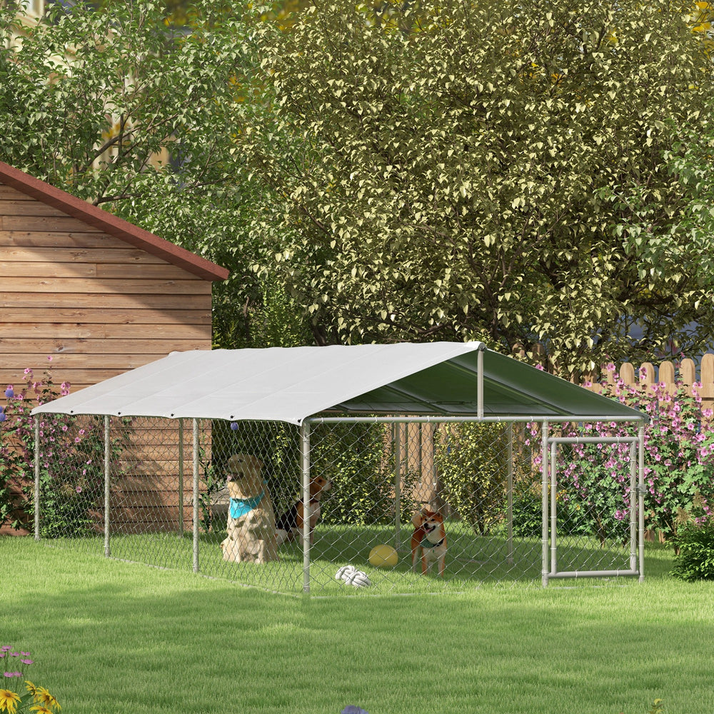 19.7' x 7.5' x 4.9' Outdoor Dog Kennel Dog Run with Waterproof, UV Resistant Cover for Medium Large Sized Dogs, Silver