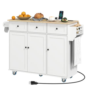 White mobile kitchen island with fold-down countertop, electrical outlets and 3 drawers