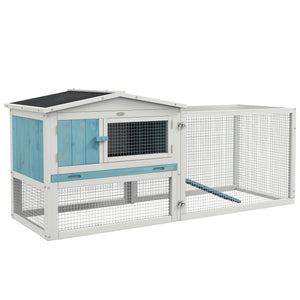 Wooden hutch with removable tray, opening roof, waterer, and run, blue