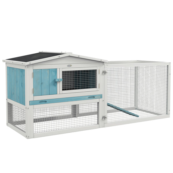 Wooden hutch with removable tray, opening roof, waterer, and run, blue