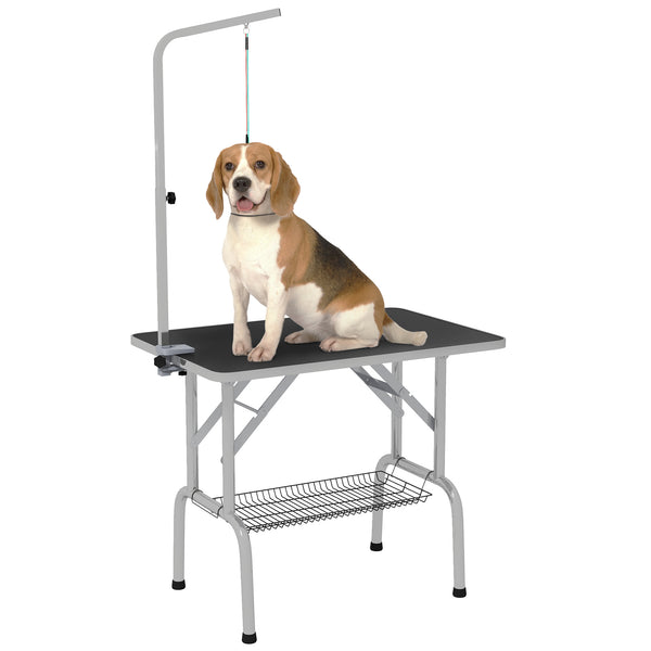 Foldable grooming table with height-adjustable grooming arm and storage shelf, black