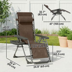 Set of 2 Zero Gravity Outdoor Lounge Chairs, Folding and Reclining, with Cup Holder and Headrest, Brown