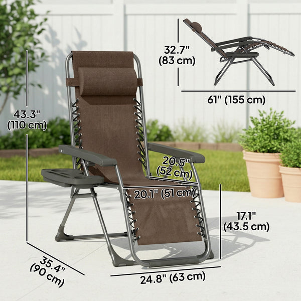 Set of 2 Zero Gravity Outdoor Lounge Chairs, Folding and Reclining, with Cup Holder and Headrest, Brown
