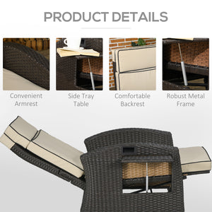 Outdoor Recliner Chair with Adjustable Backrest, Cushion, Side Tray, Khaki
