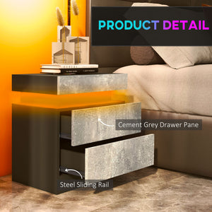 Bedside table with LED lighting and 2 drawers, cement gray
