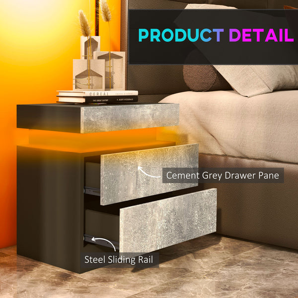 Bedside table with LED lighting and 2 drawers, cement gray