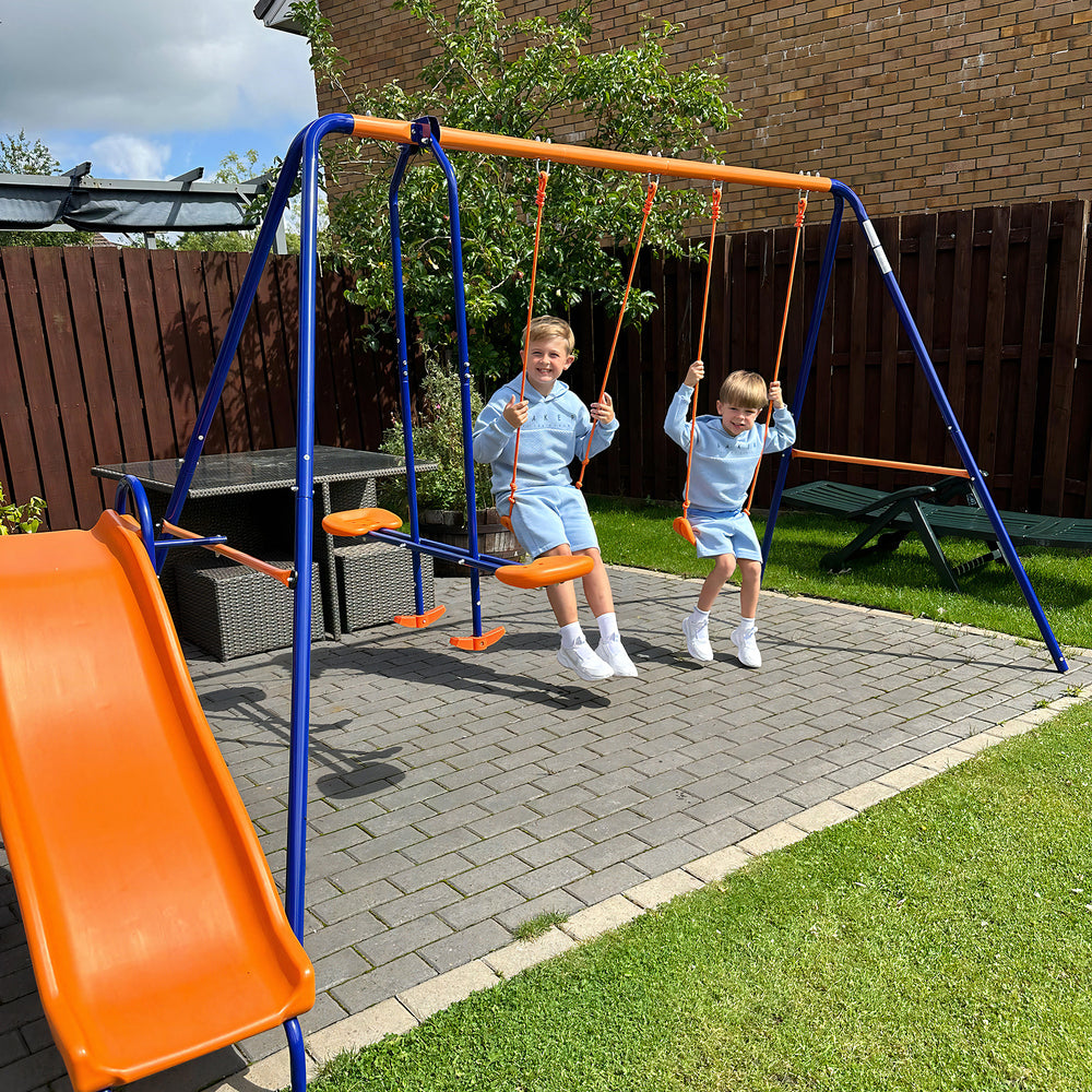 4 in 1 Metal Swing Set with Double Swings, Glider, Slide, Ladder for Backyard, Outdoor, Playground, Multicoloured