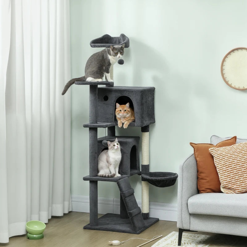 160cm Cat Tree with Scratching Posts, Cabins, Soft Perches, Hammock, Ladder, Dark Grey