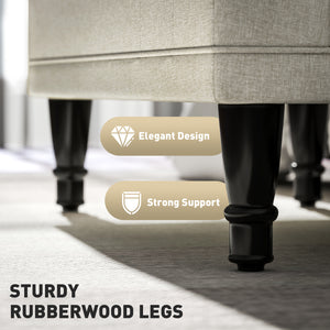 Linen fabric storage pouf with button tufting, beige