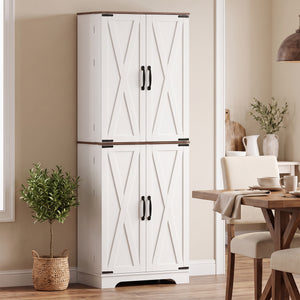 Farmhouse-style tall pantry with 2 cabinets, door, and adjustable shelves, white