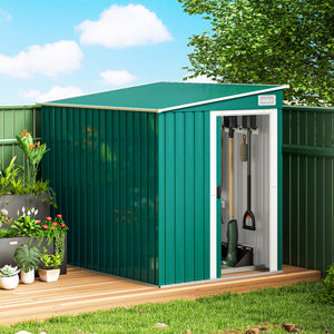 Lean-to garden shed in galvanized metal with foundation, sliding door and 2 vents, green