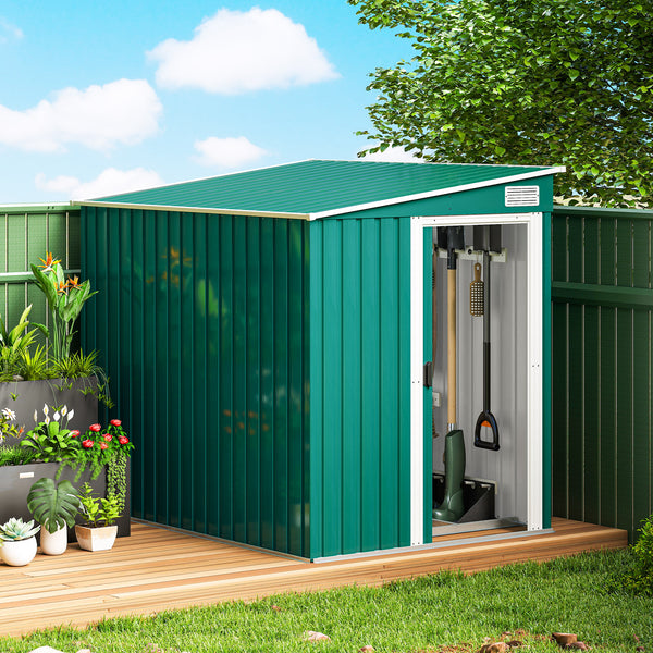 Lean-to garden shed in galvanized metal with foundation, sliding door and 2 vents, green