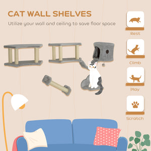 Wall-mounted cat tree with scratching post, ladder, hideaway and jumping platforms, light grey