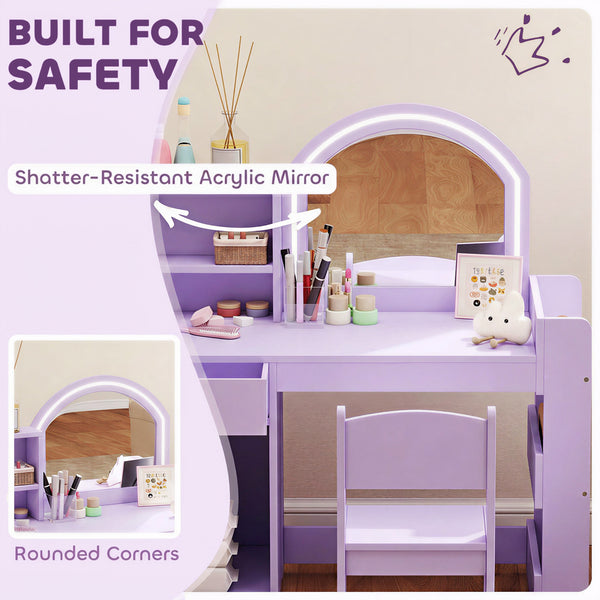 Children's vanity with dual-tone LED mirror, storage, and chair, mauve