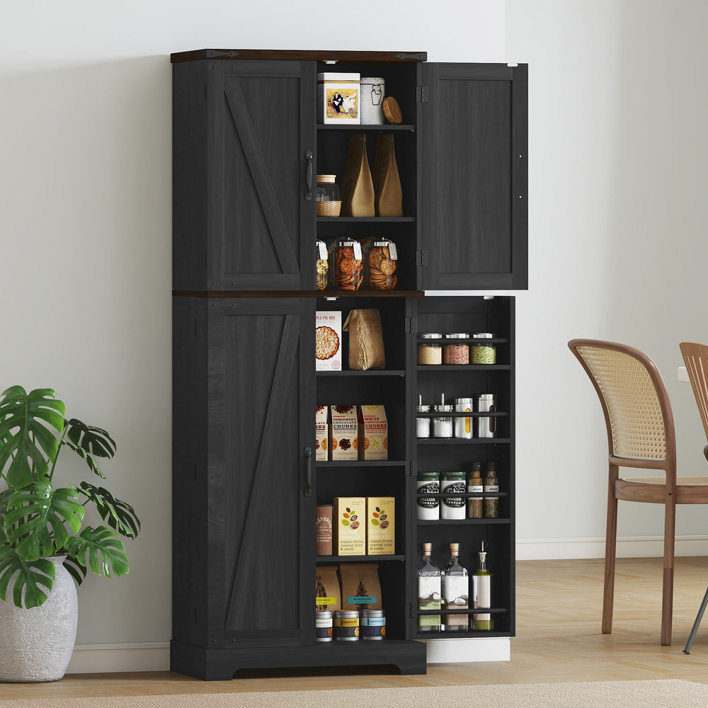 Kitchen cabinet with spice racks and adjustable shelves, black wood finish.