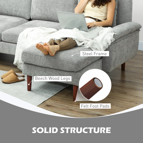 Modern sectional sofa with removable chaise, cushions and wooden legs, gray