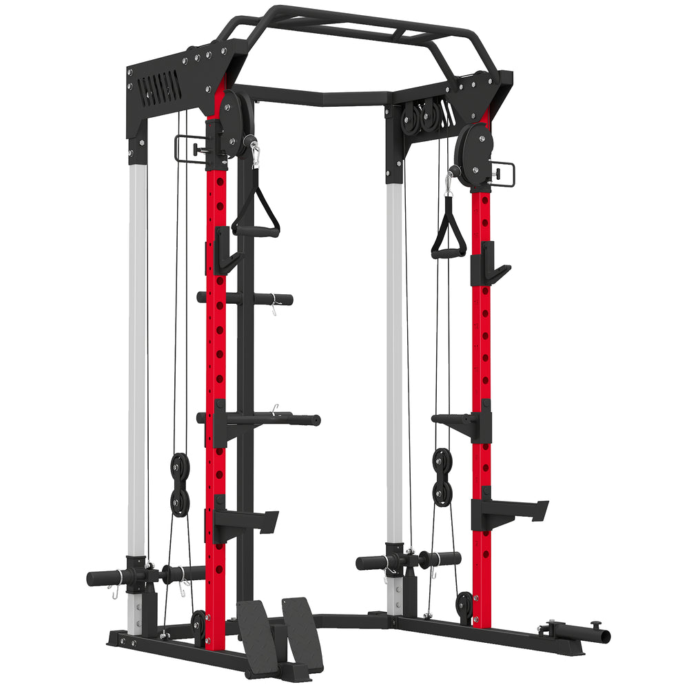 Weight training cage with adjustable pulley system, pull-up bar, dip station, Landmine pull-up bar