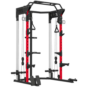 Weight training cage with adjustable pulley system, pull-up bar, dip station, Landmine pull-up bar