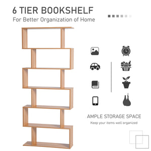 6-Tier S-Shaped Geometric Wooden Bookcase, Maple