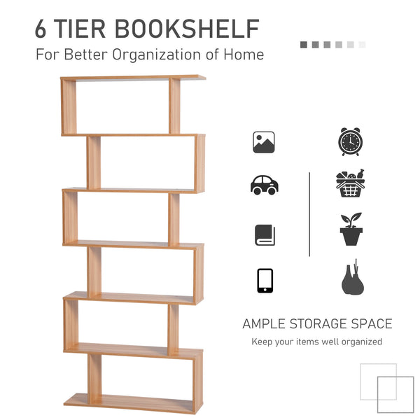 6-Tier S-Shaped Geometric Wooden Bookcase, Maple