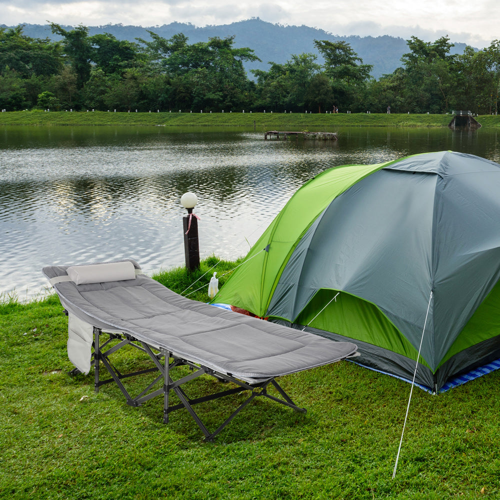 Folding camp bed with mattress and pillow, light grey