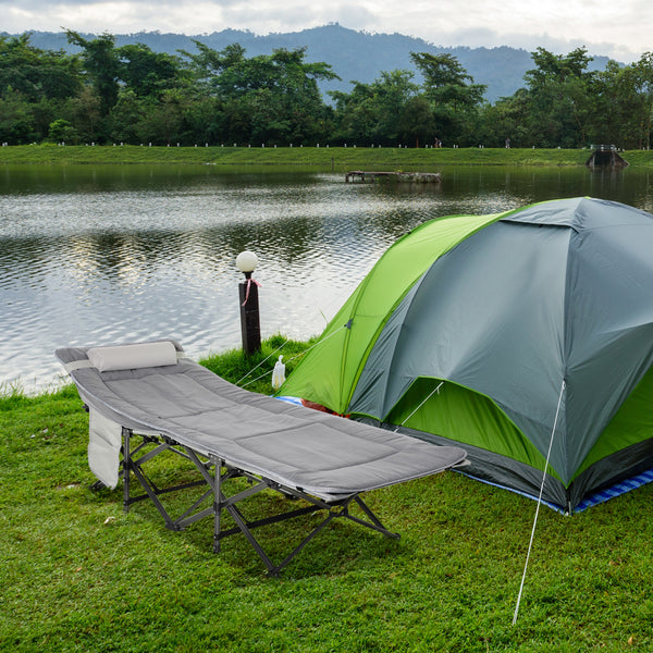 Folding camp bed with mattress and pillow, light grey