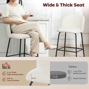 Set of 2 counter-height bar stools upholstered in linen with backrest, footrest and steel legs, cream white