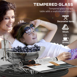 Rattan Side Table, Round Outdoor Table, with Round PE Rattan and Tempered Glass Table Top for Patio, Garden, Black