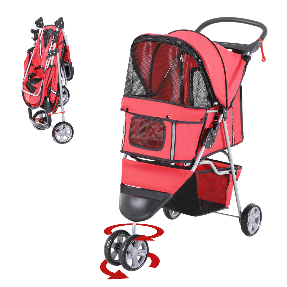 PawHut 3-Wheel Folding Stroller with Storage Basket, Red