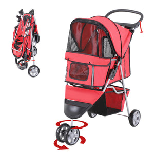 PawHut 3-Wheel Folding Stroller with Storage Basket, Red
