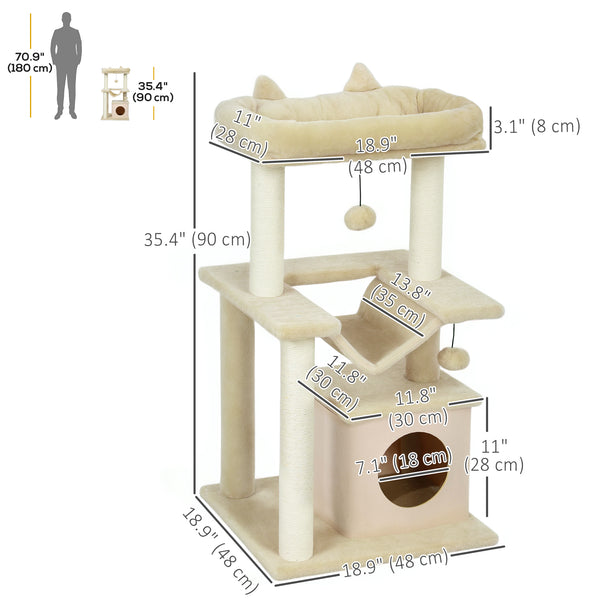 39" Multi-Level Cat Tree with Scratching Post, Hammock, Bed, Ball &amp; Toy - Beige