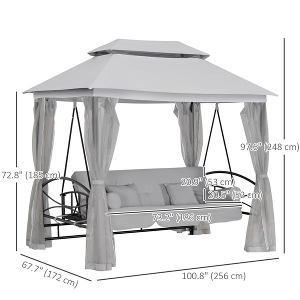 3-Seater Outdoor Daybed, 3-in-1 Canopy, Swing, Garden Hammock with Mosquito Net and Sun Shade, Grey