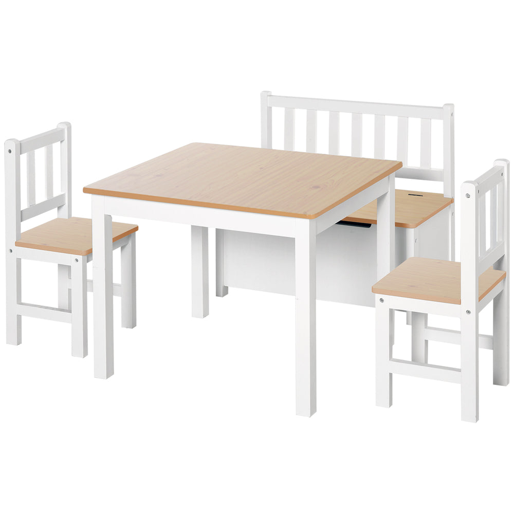 4 Piece Kids Set, Table, Chair, Wooden Bench, Natural and White