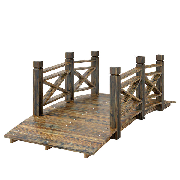 Charred wooden arch bridge with safety railings