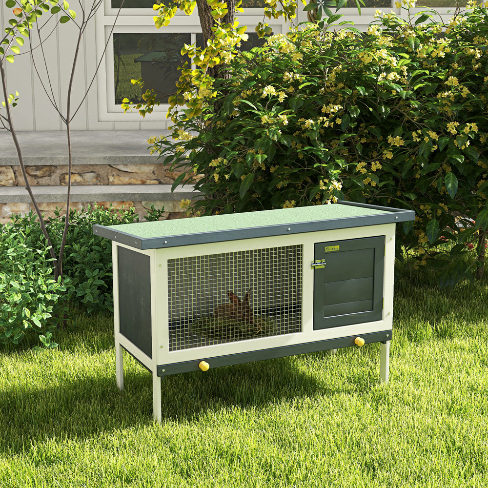 Wooden hutch with pull-out tray and opening roof, dark gray