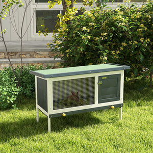 Wooden hutch with pull-out tray and opening roof, dark gray