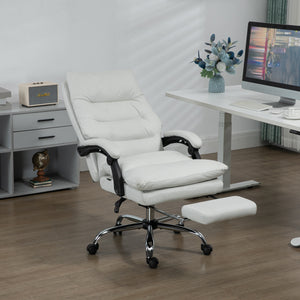 Office chair with massage and 6-point heating, reclining, microfiber upholstery with footrest, cream white