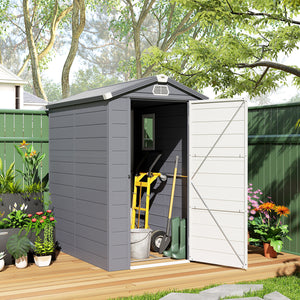 Plastic garden shed with latch door, vents, sloping roof, dark grey