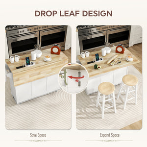 White mobile kitchen island with fold-down countertop, electrical outlets and storage
