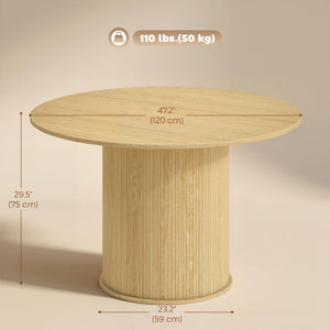 Round dining table for 5 people with a fluted central pedestal base, natural color.