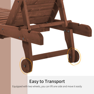 Wooden Outdoor Lounge Chair, Adjustable Patio Outdoor Chaise Recliner Garden Furniture, Tanning Chair with Pull-out Tray and 2 Wheels, Brown