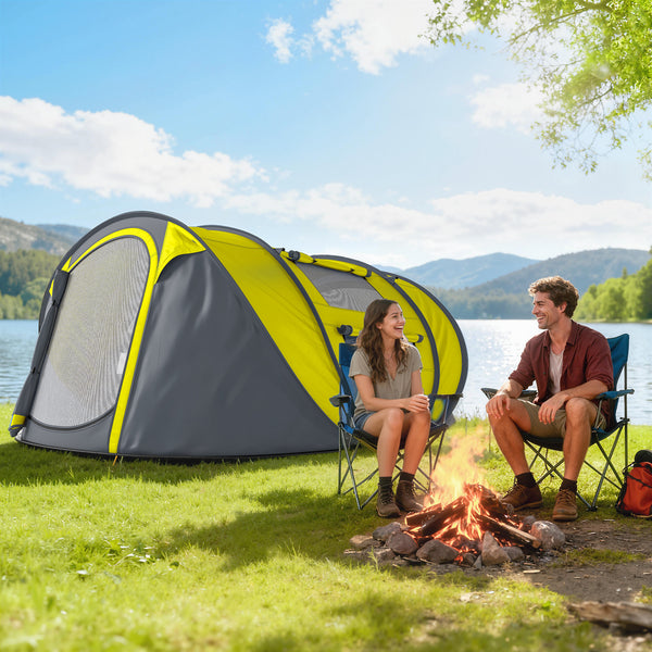 Tente de camping 4 personnes, montage instantané facile avec portes, fenêtres et sac de transport, jaune